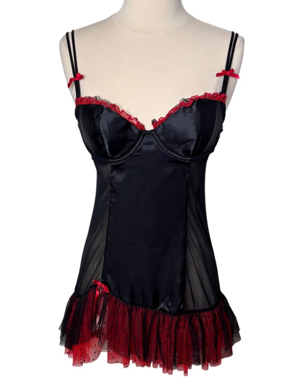 Black Satin Side Bottom Mesh Red Trim Goth Babydoll Underwire Lingerie